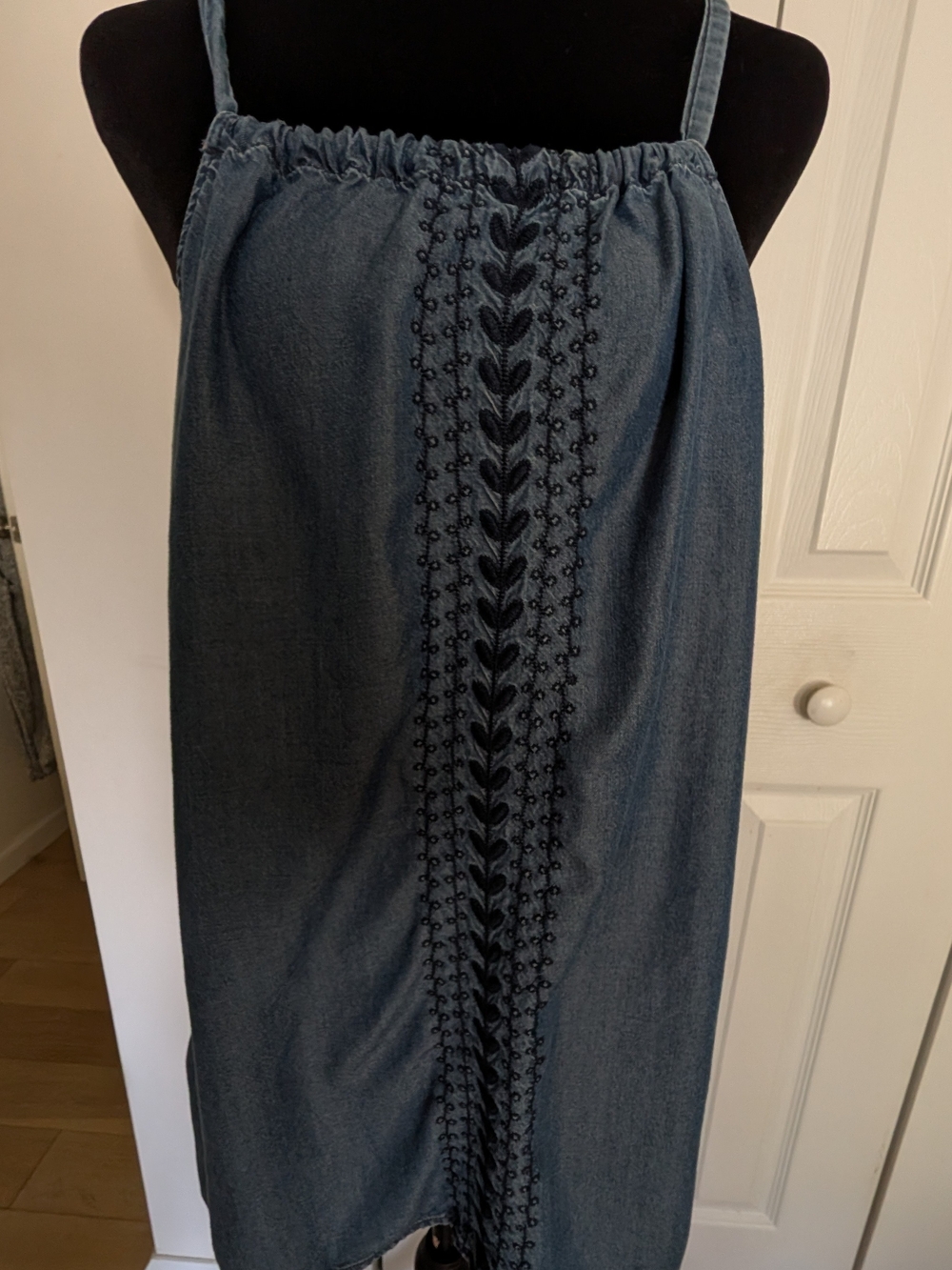 Sleeveless Denim Mini Dress with Center Embroidered Trim - Blue